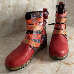 Embossed Floral Side Zip Short Boots